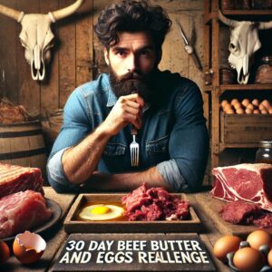 create a thumbnail image of a dark-haired man with a beard sitting at an old wooden table piled high with meat with a fork in his hand and the words on the image that says 30 Day Beef Butter And Eggs Challenge Results