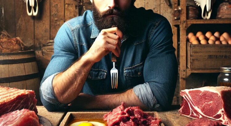 create a thumbnail image of a dark-haired man with a beard sitting at an old wooden table piled high with meat with a fork in his hand and the words on the image that says 30 Day Beef Butter And Eggs Challenge Results